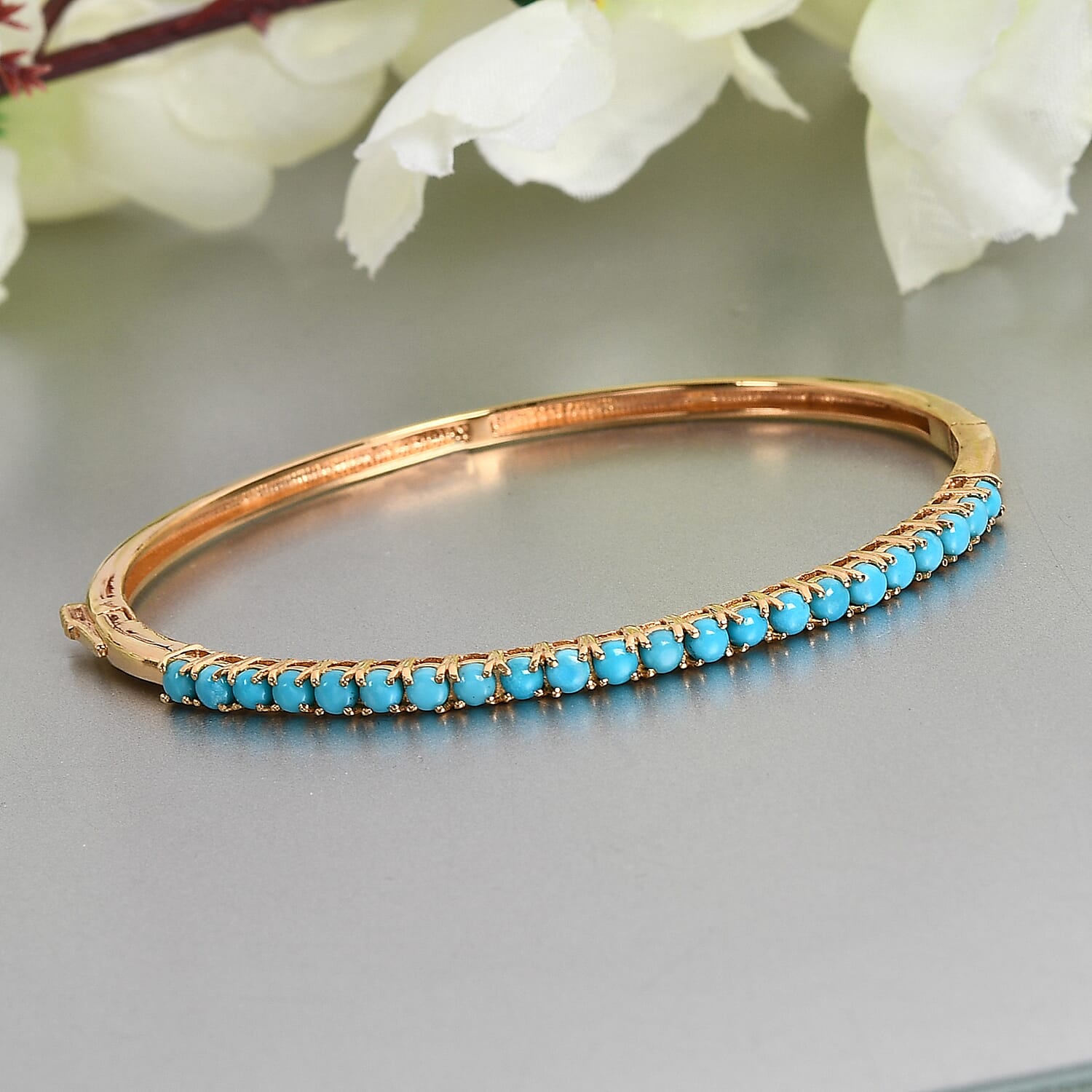 Arizona Sleeping Beauty Turquoise Full Bangle (size 7.5) in 18K Yellow Gold Vermeil Overlay Sterling Silver 3.22 Ct, Silver Wt 10.20 Gms