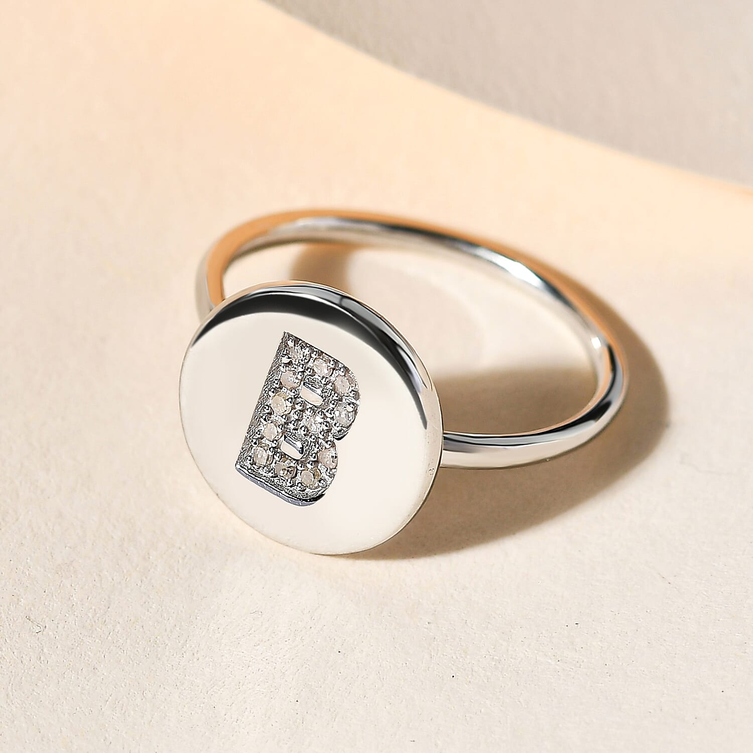 White Diamond Initial-B Ring in Platinum Overlay Sterling Silver