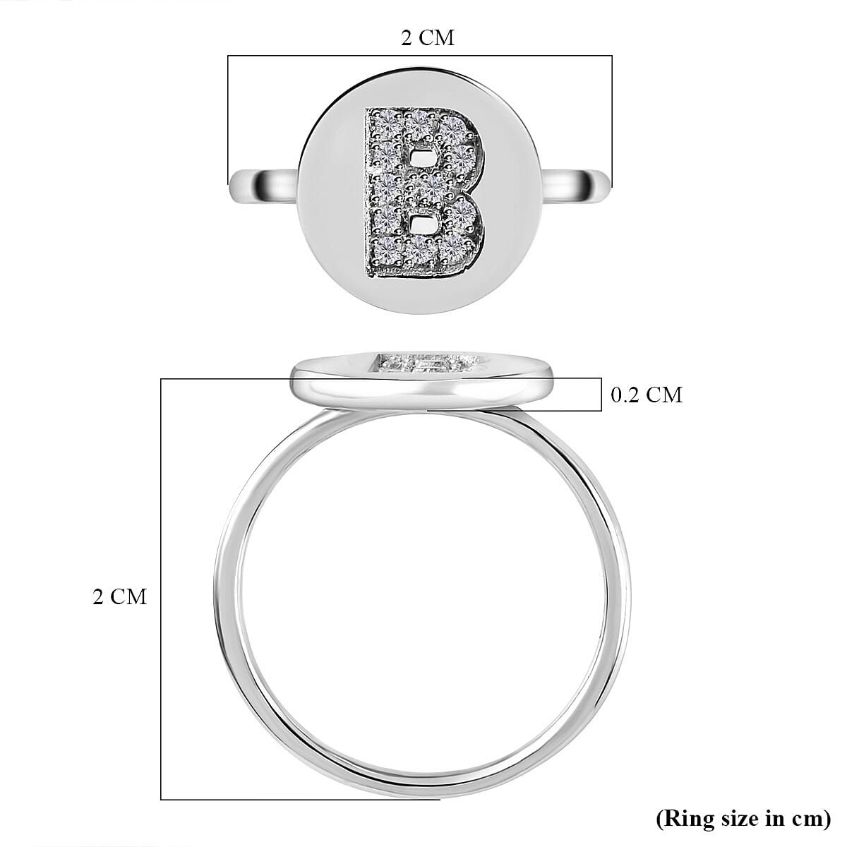 White Diamond Initial-B Ring in Platinum Overlay Sterling Silver