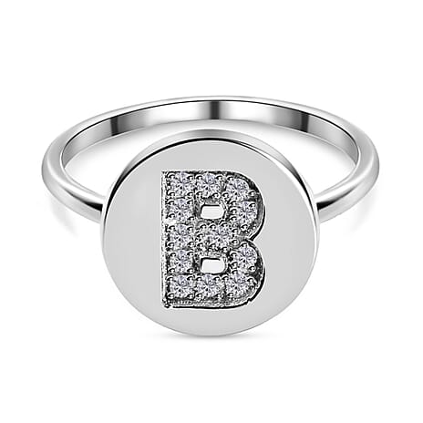 Diamond Initial B Ring in Platinum Overlay Sterling Silver