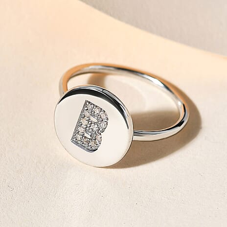 Diamond Initial B Ring in Platinum Overlay Sterling Silver