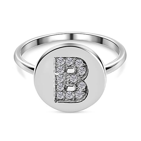 White Diamond Initial-B Ring in Platinum Overlay Sterling Silver