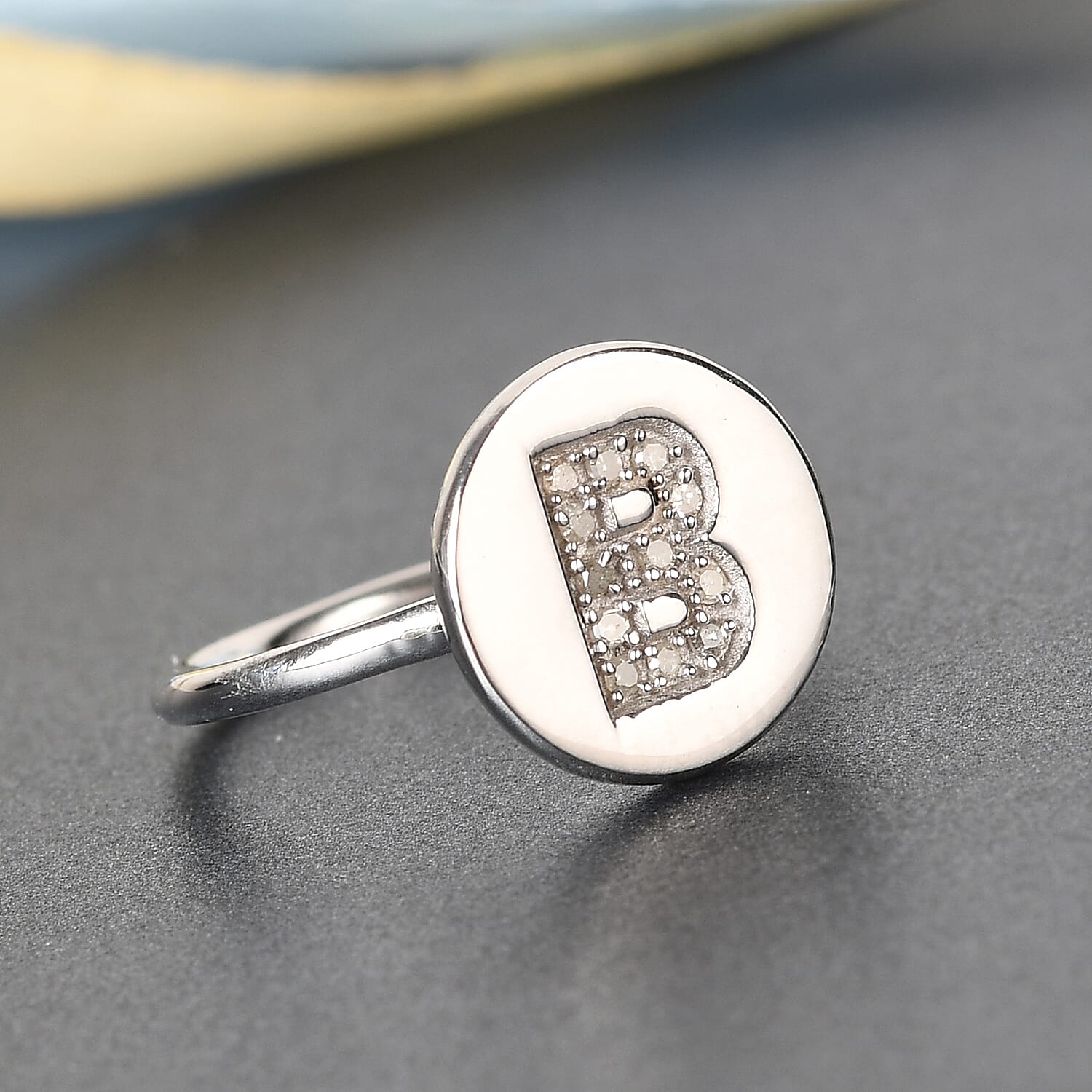 White Diamond Initial Ring in Sterling Silver