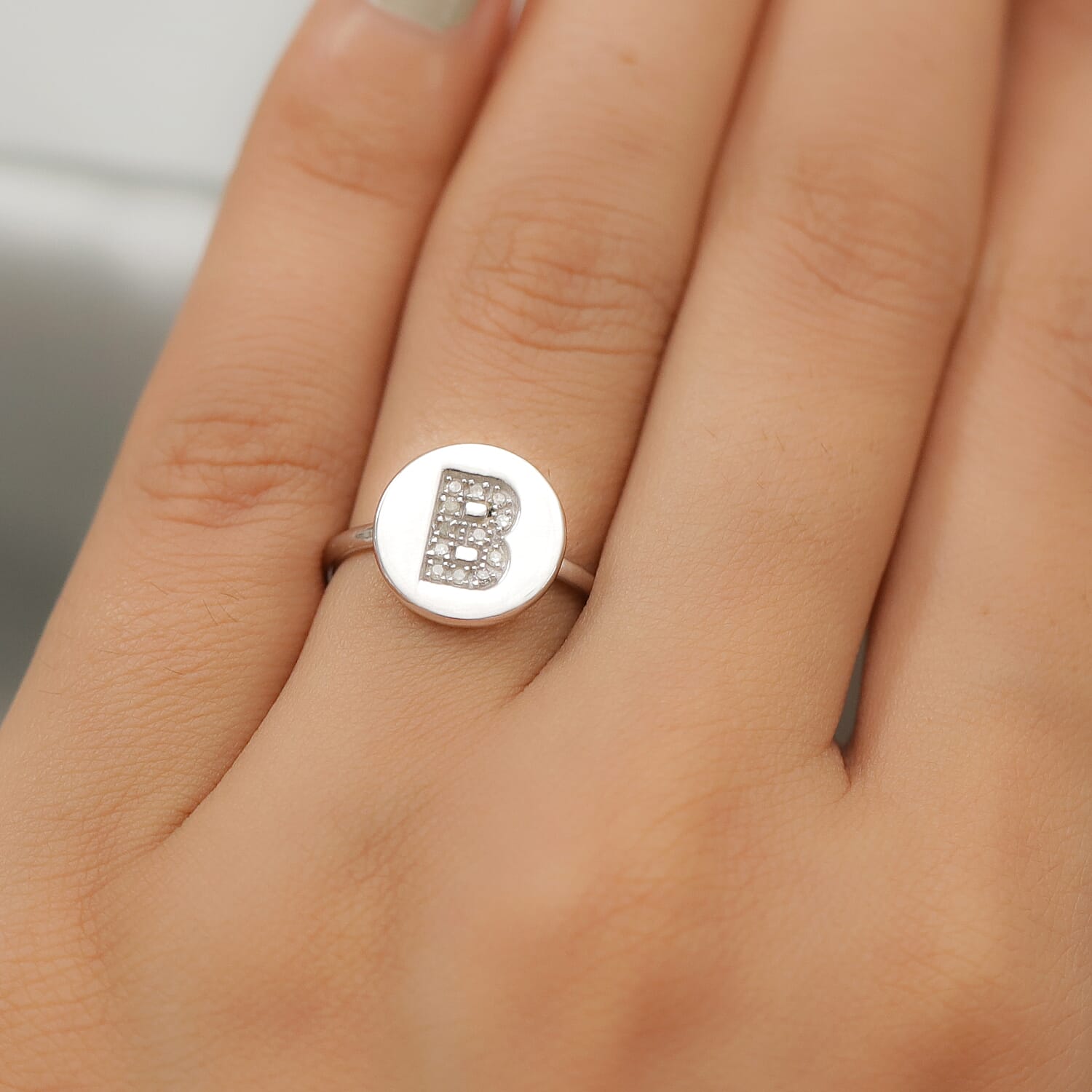 White Diamond Initial Ring in Sterling Silver