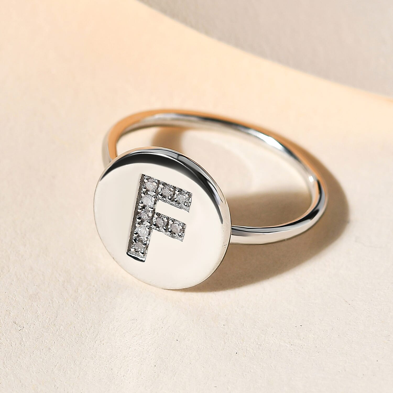 Natural White Diamond Initial-F Ring in Platinum Overlay Sterling Silver.