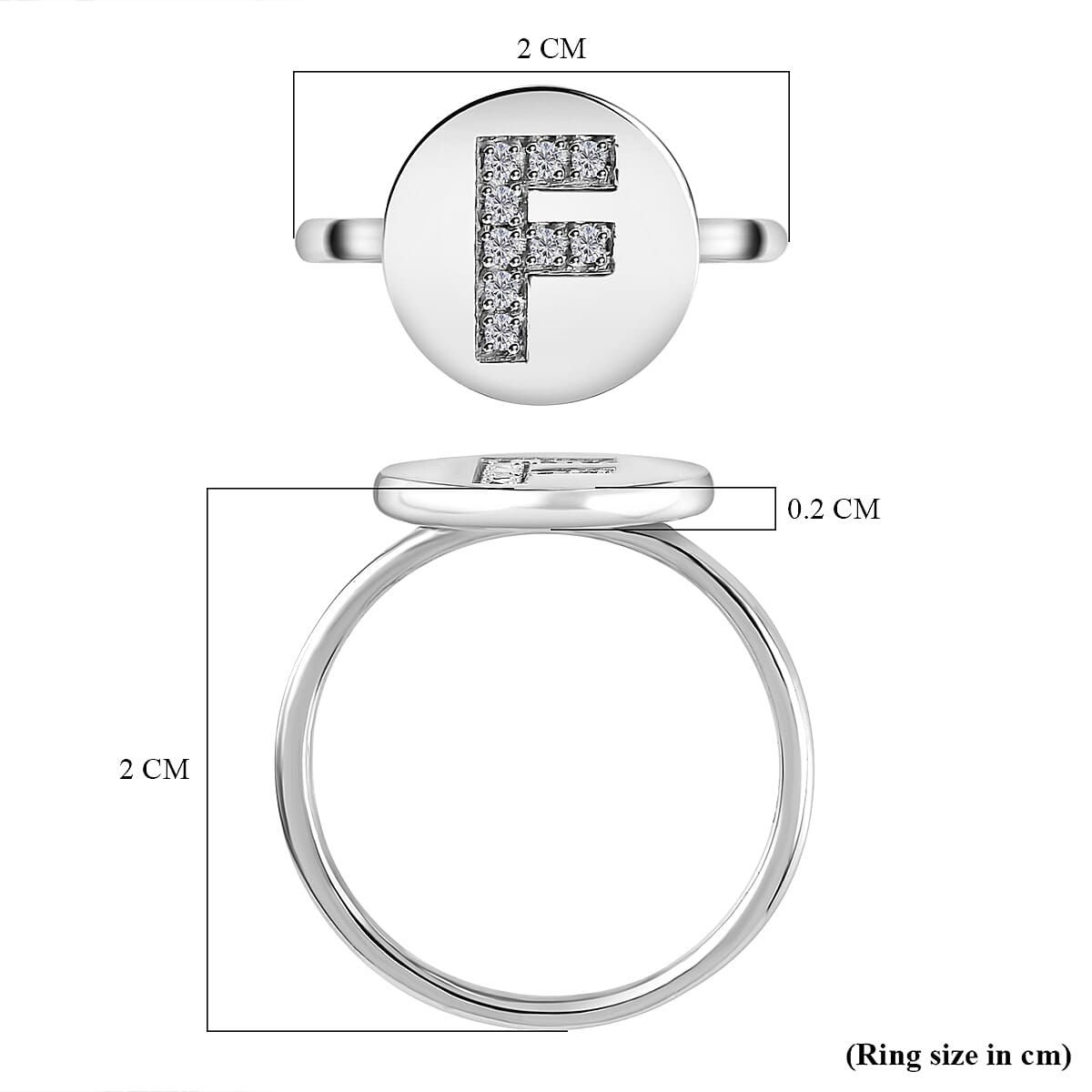 Natural White Diamond Initial-F Ring in Platinum Overlay Sterling Silver.