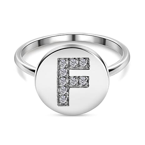 Natural White Diamond Initial-F Ring in Platinum Overlay Sterling Silver.