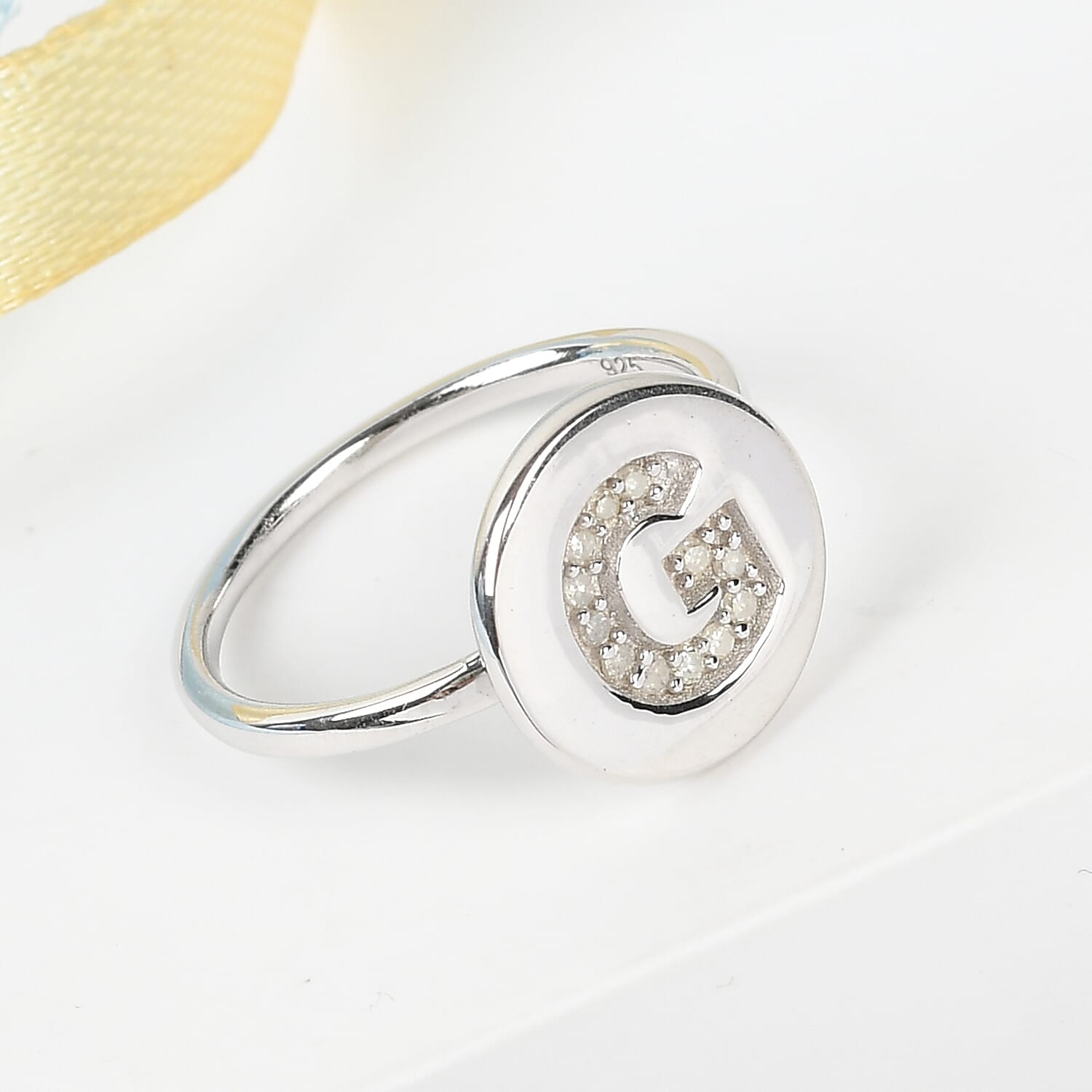White Diamond Initial-G Ring in Platinum Overlay Sterling Silver