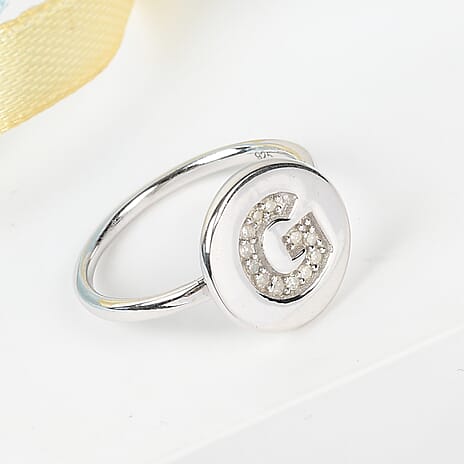 Diamond Initial F Ring in Platinum Overlay Sterling Silver