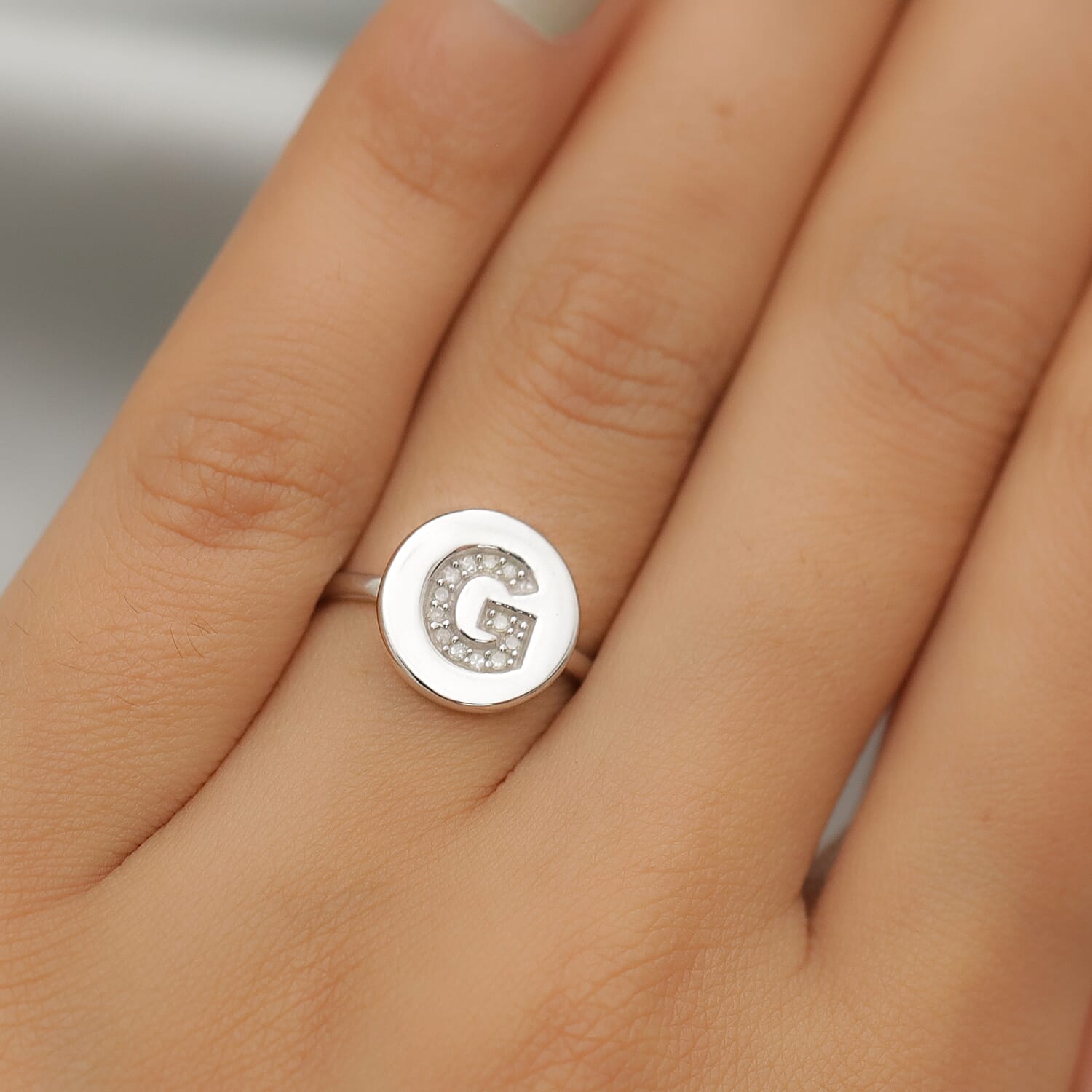 White Diamond Initial-G Ring in Platinum Overlay Sterling Silver