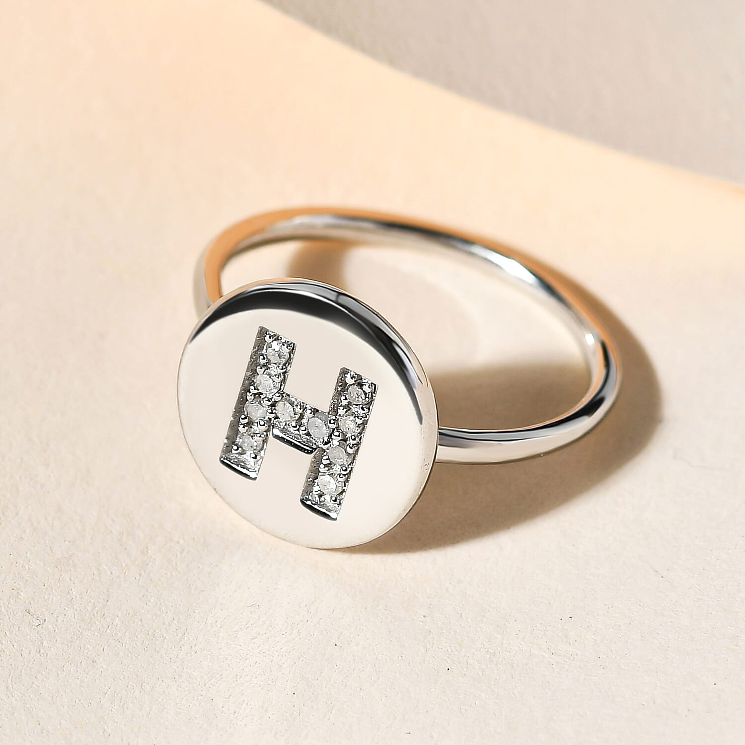 White Diamond Initial-H Ring in Platinum Overlay Sterling Silver