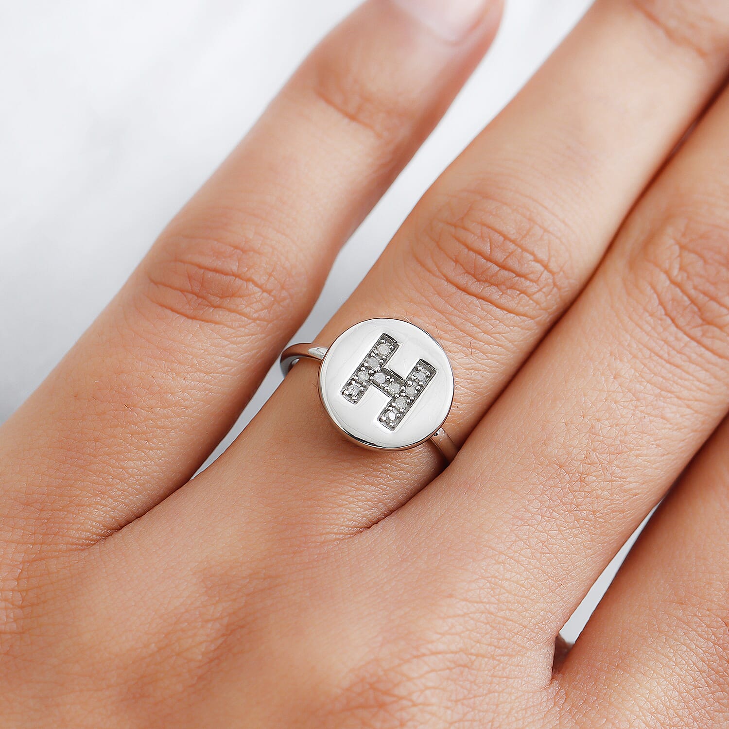 White Diamond Initial-H Ring in Platinum Overlay Sterling Silver