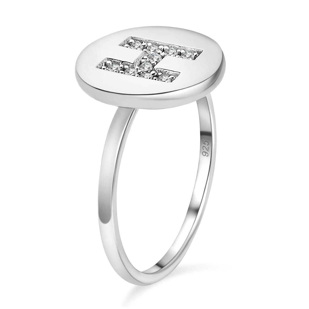 White Diamond Initial-H Ring in Platinum Overlay Sterling Silver