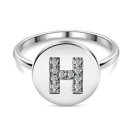 White Diamond Initial-H Ring in Platinum Overlay Sterling Silver