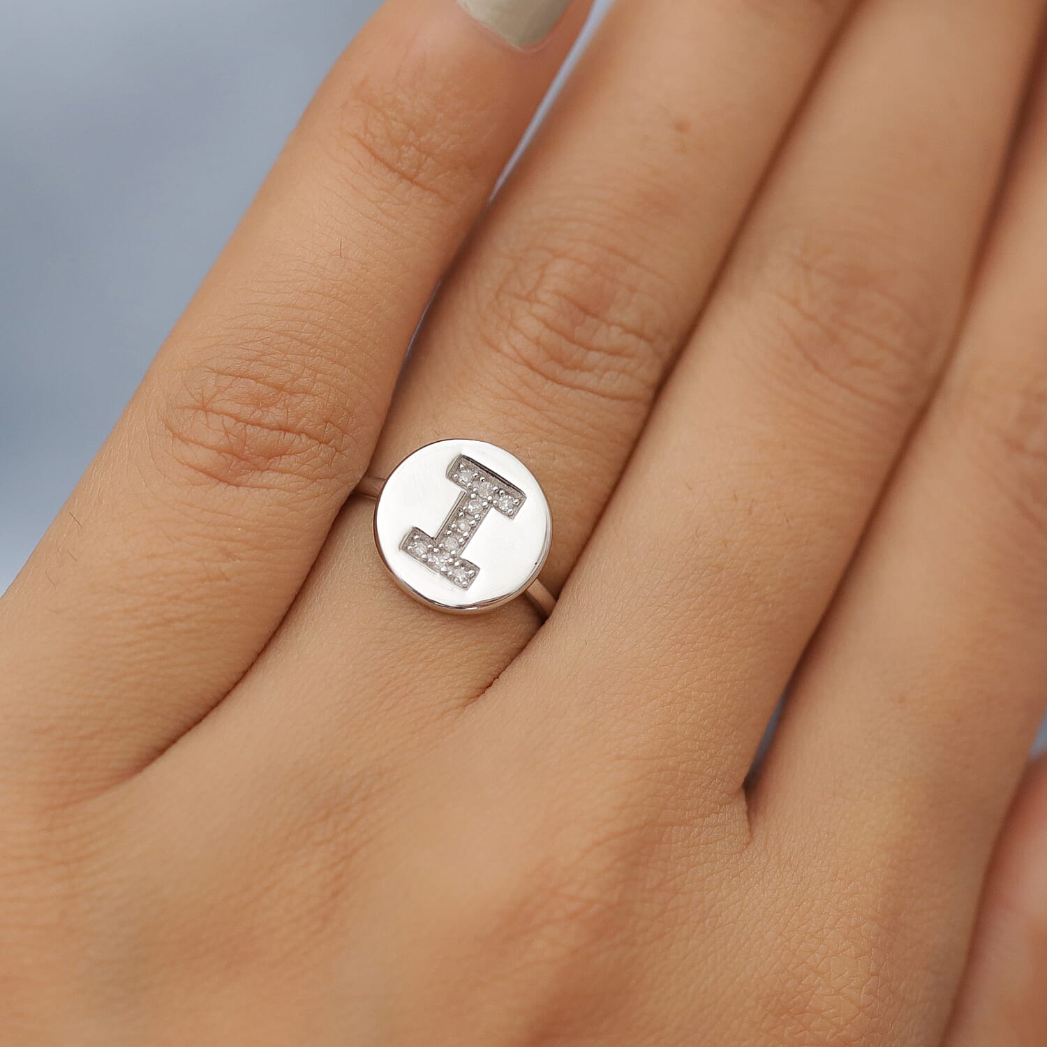 White Diamond Initial-I Ring in Platinum Overlay Sterling Silver.