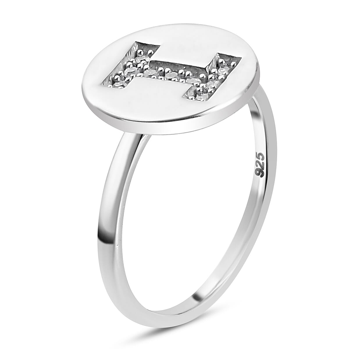 White Diamond Initial-I Ring in Platinum Overlay Sterling Silver.