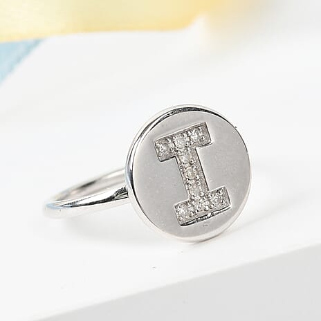White Diamond Initial-I Ring in Platinum Overlay Sterling Silver.