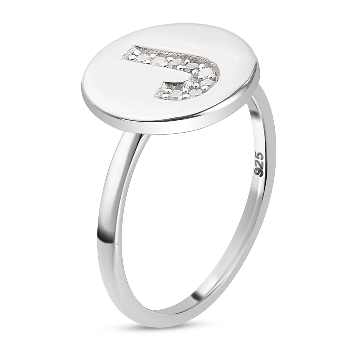 White Diamond Initial-J Ring in Platinum Overlay Sterling Silver