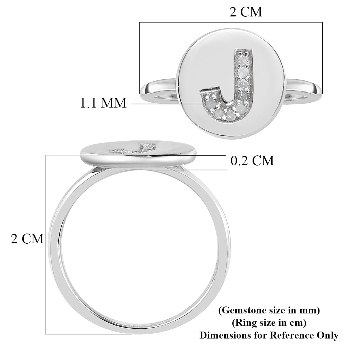 White Diamond Initial-J Ring in Platinum Overlay Sterling Silver