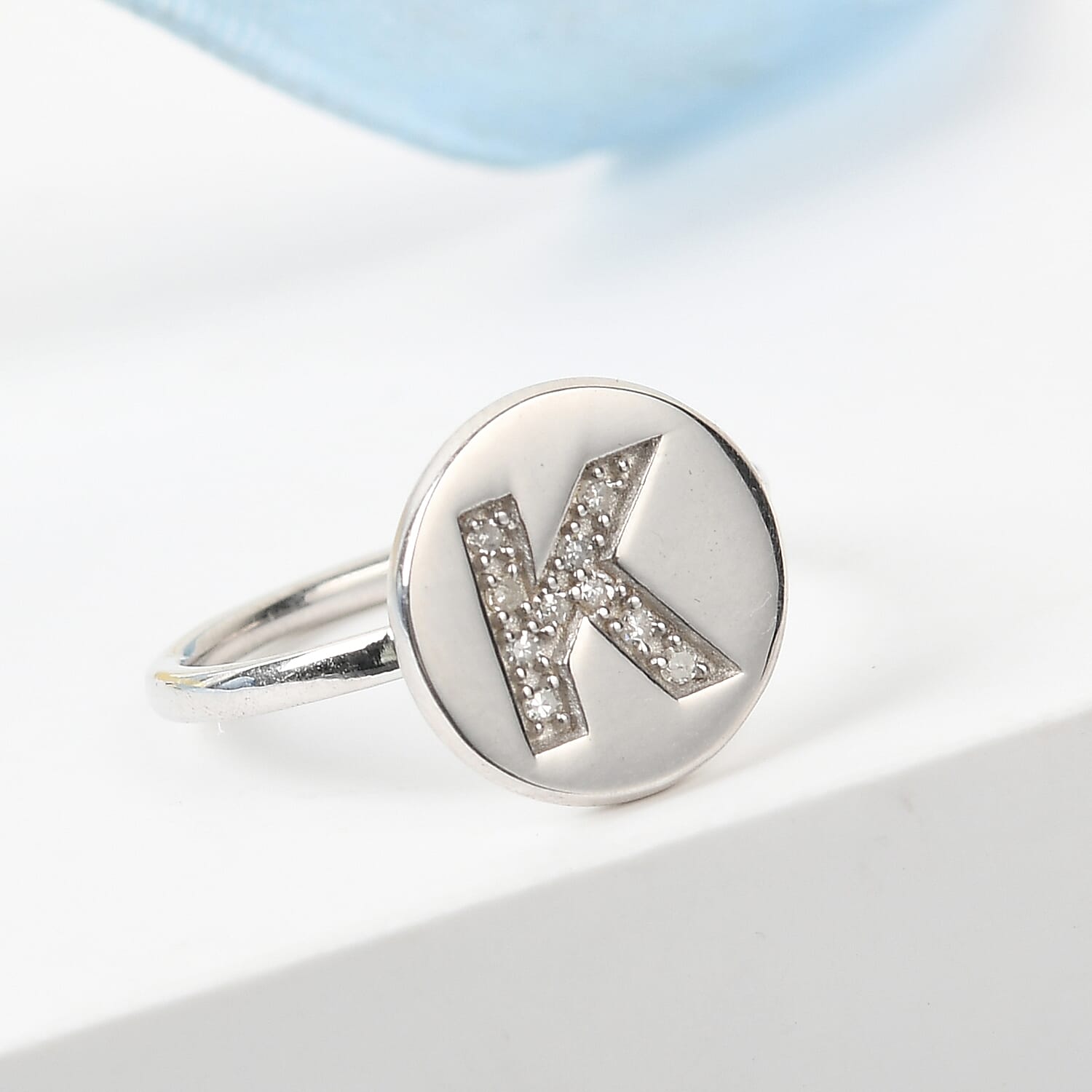 White Diamond Initial-K Ring in Platinum Overlay Sterling Silver