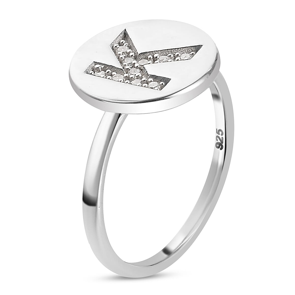 White Diamond Initial-K Ring in Platinum Overlay Sterling Silver