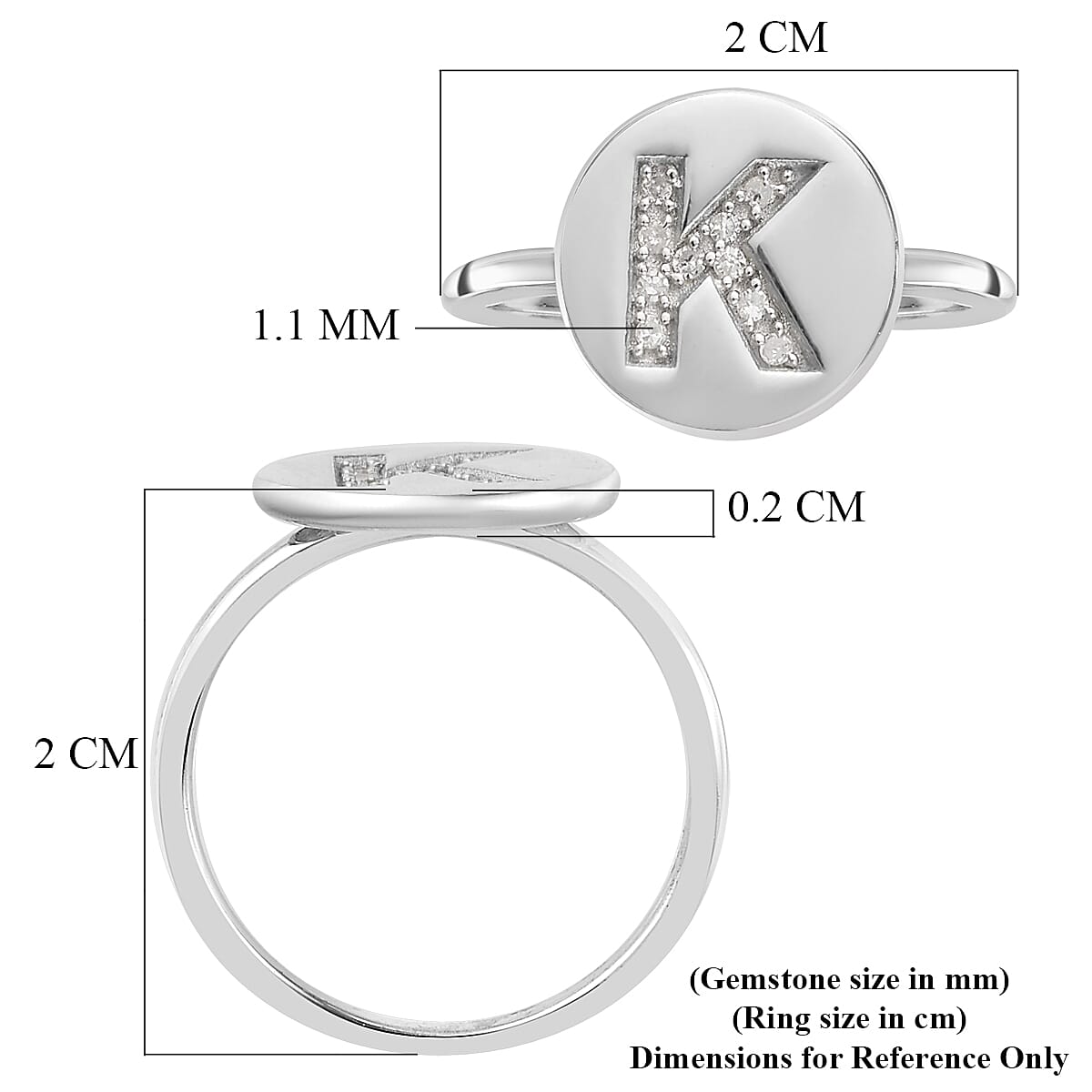 White Diamond Initial-K Ring in Platinum Overlay Sterling Silver