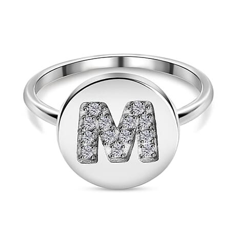 Diamond Initial M Ring in Platinum Overlay Sterling Silver