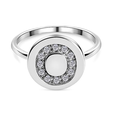 Diamond Initial O Ring in Platinum Overlay Sterling Silver