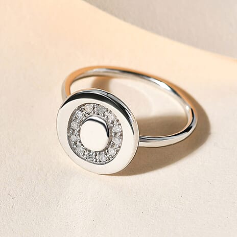 White Diamond Initial-O Ring in Platinum Overlay Sterling Silver