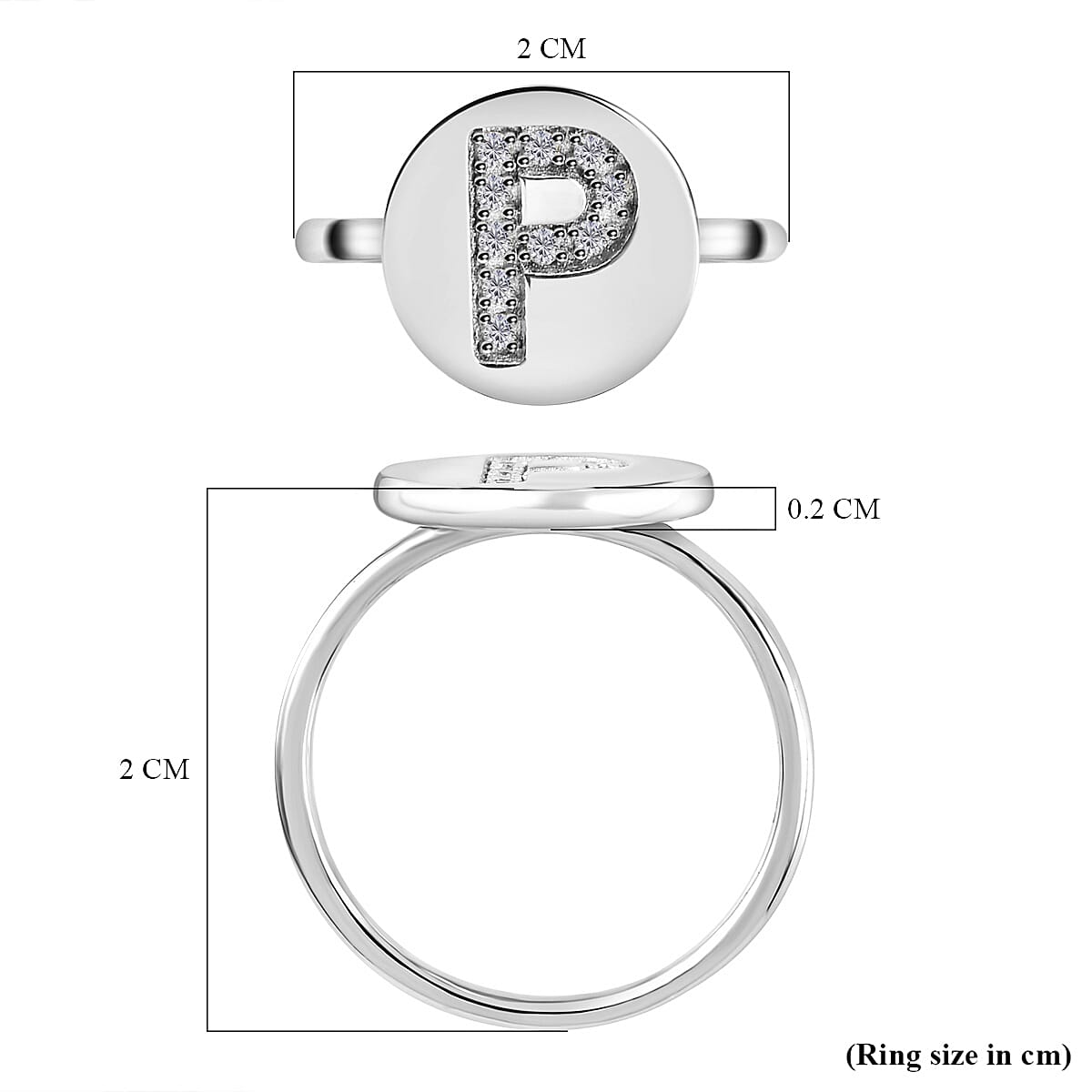 White Diamond Initial-P Ring in Platinum Overlay Sterling Silver