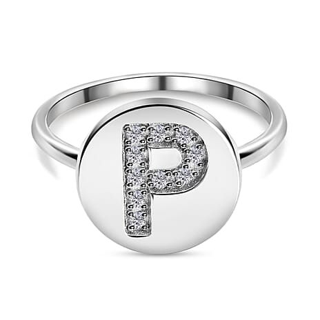 White Diamond Initial-P Ring in Platinum Overlay Sterling Silver