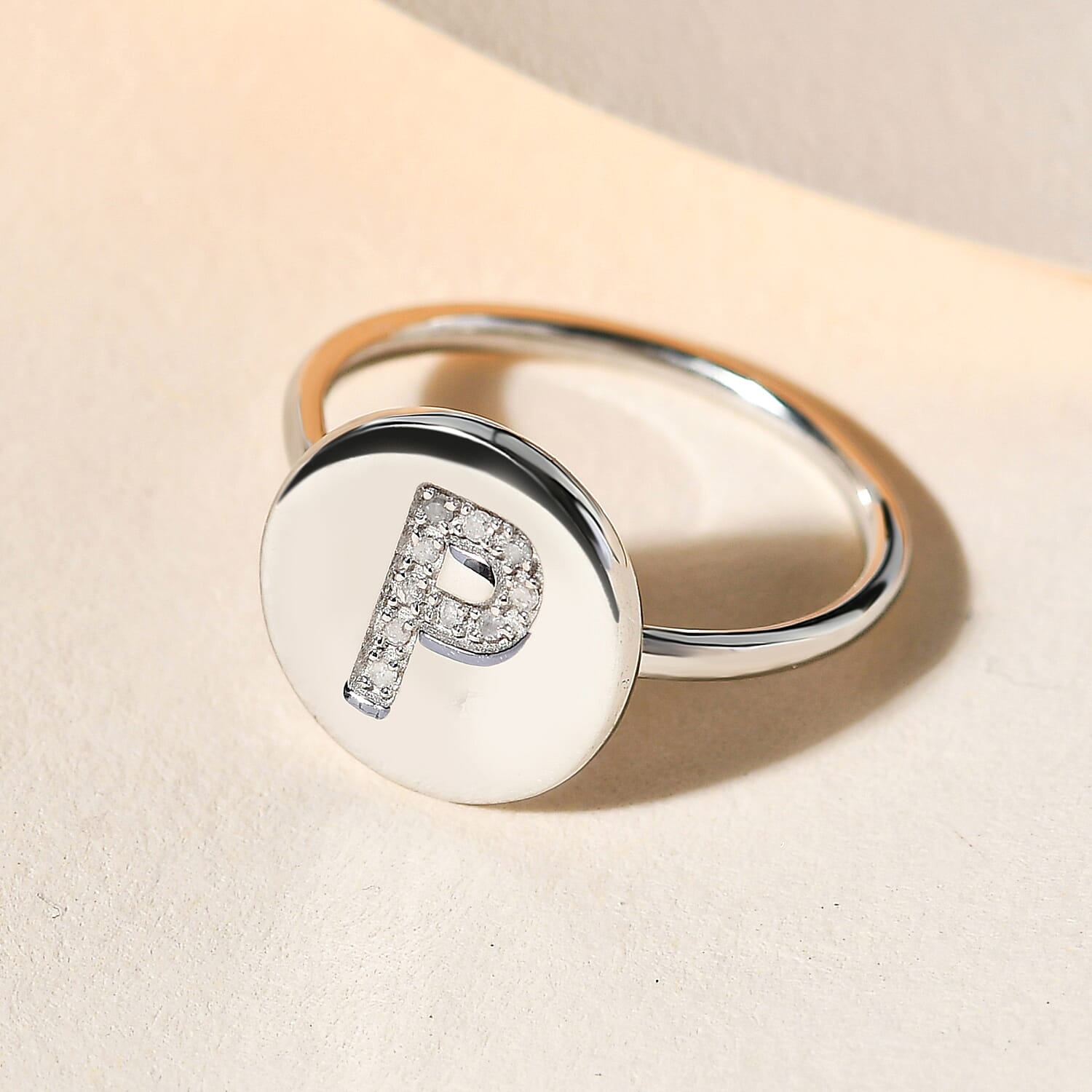White Diamond Initial Ring in Sterling Silver