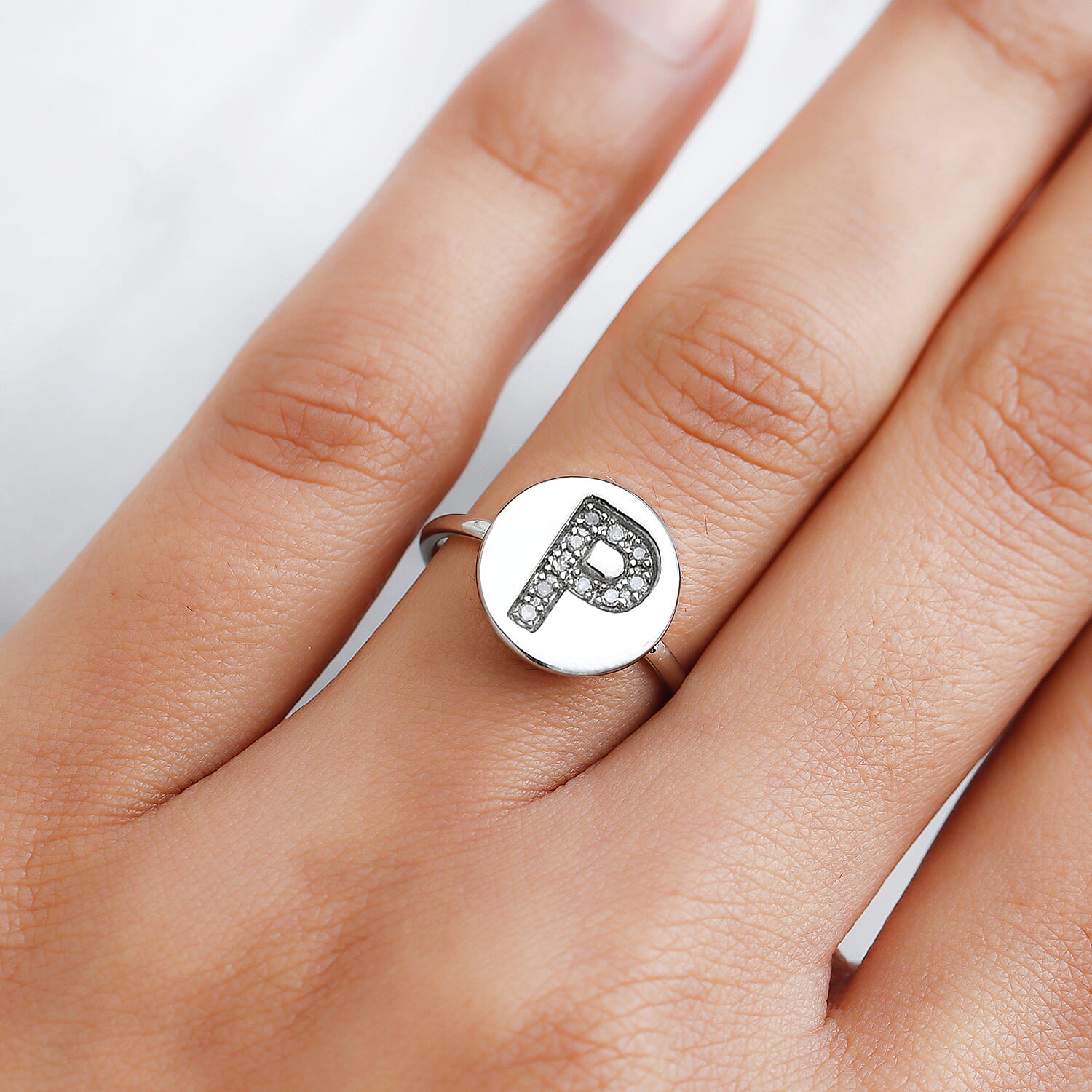 White Diamond Initial Ring in Sterling Silver