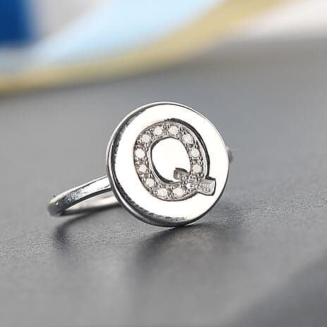 White Diamond Initial-Q Ring in Platinum Overlay Sterling Silver