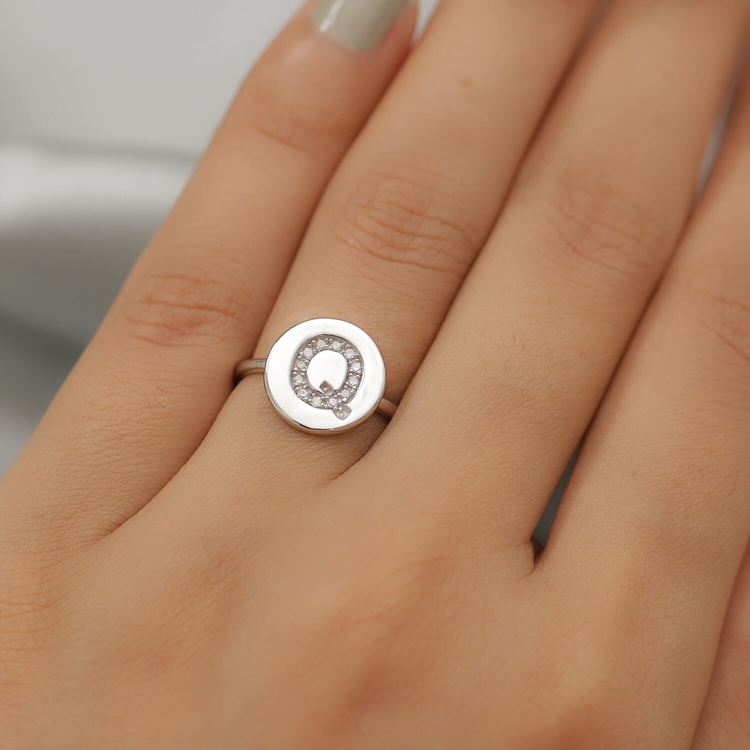 White Diamond Initial Ring in Sterling Silver
