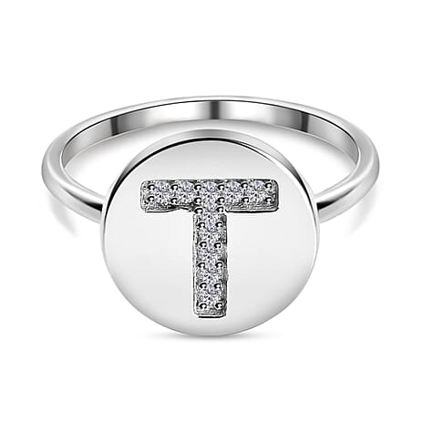 White Diamond Initial-T Ring in Platinum Overlay Sterling Silver