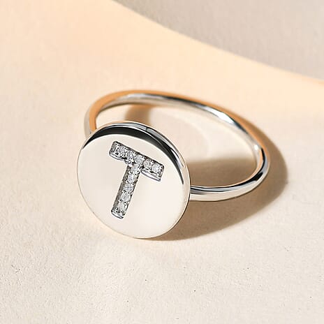 White Diamond Initial-T Ring in Platinum Overlay Sterling Silver