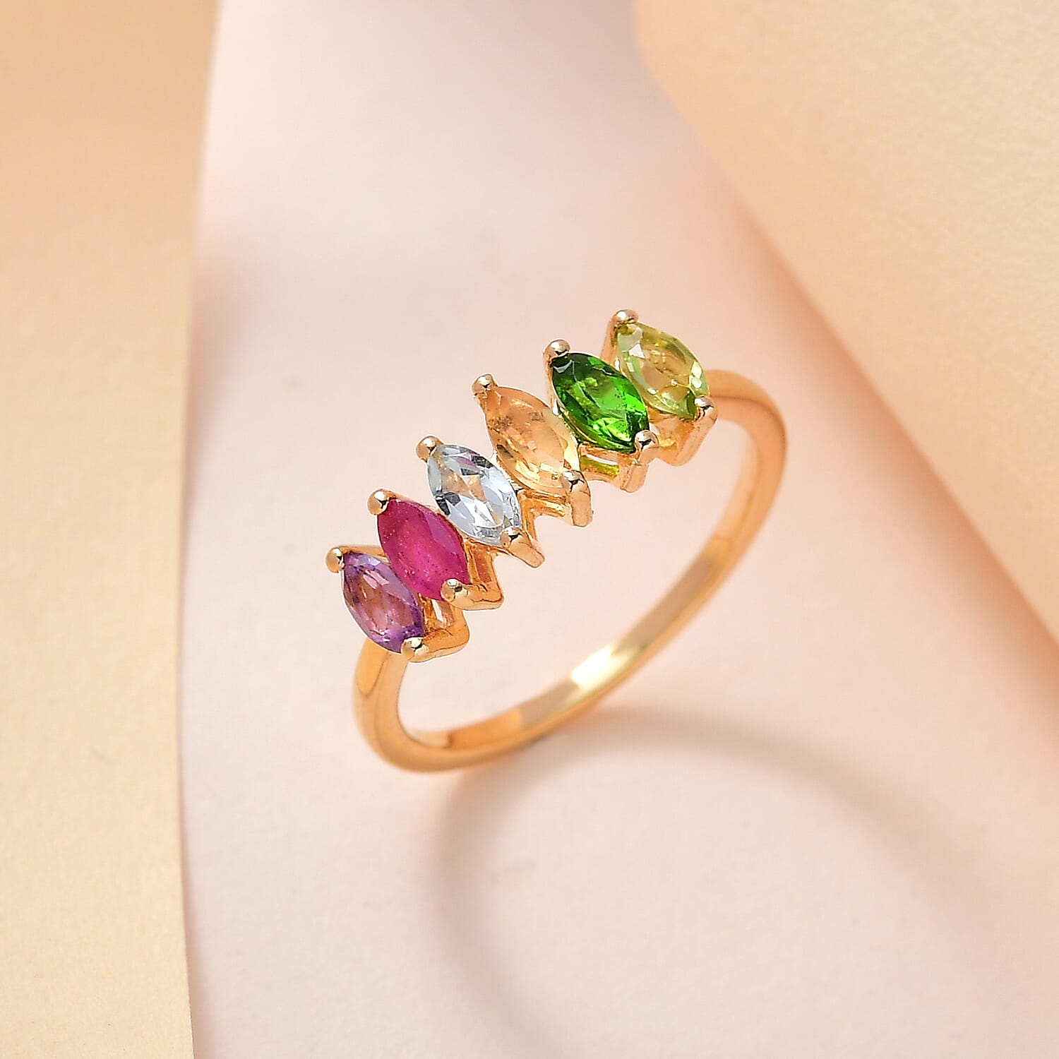 Ruby, Chrome Diopside, Blue Topaz, Amethyst, Peridot & Citrine Ring in 18K Vermeil Yellow Gold Plated Sterling Silver