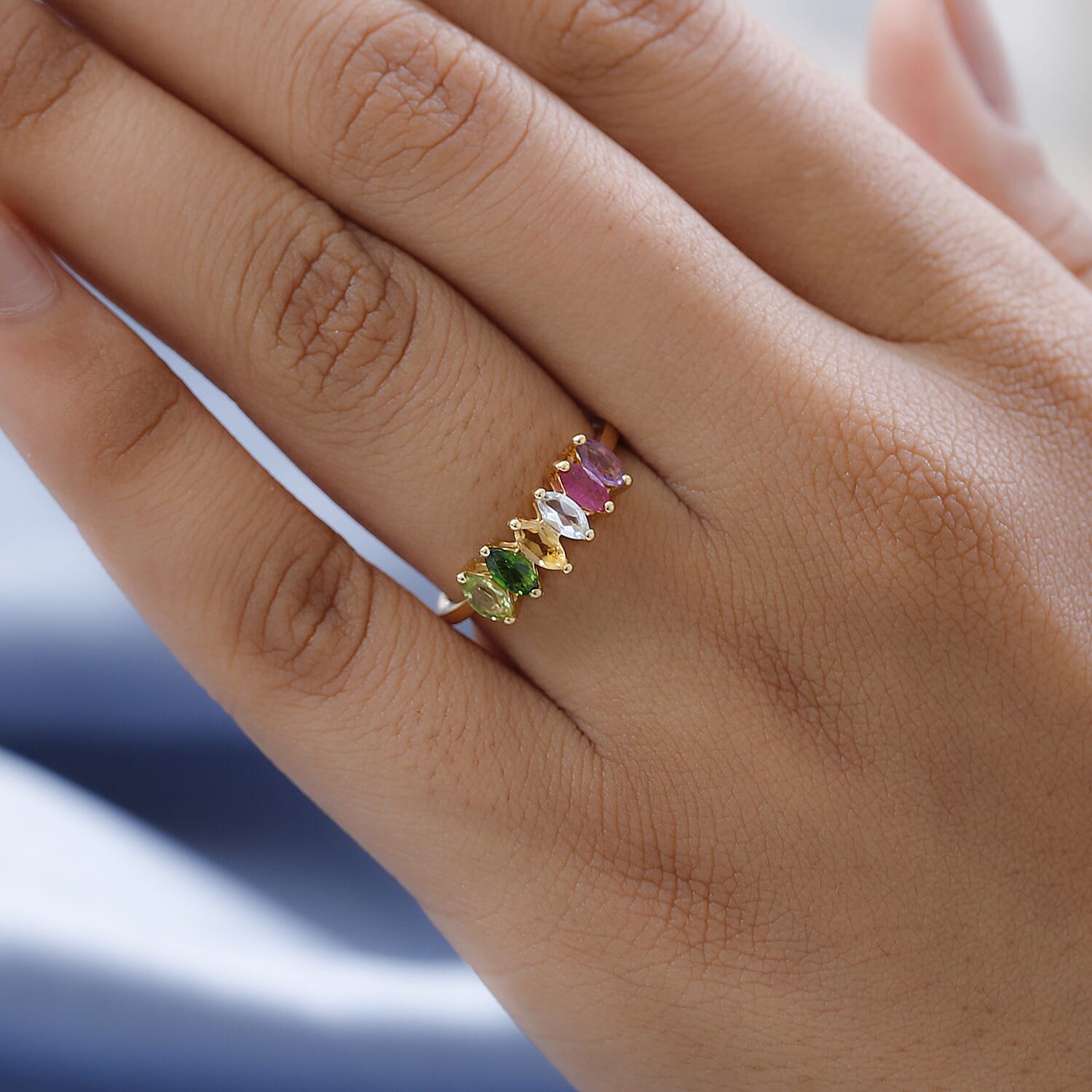 Ruby, Chrome Diopside, Blue Topaz, Amethyst, Peridot & Citrine Ring in 18K Vermeil Yellow Gold Plated Sterling Silver