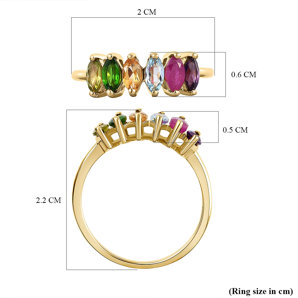 Ruby, Chrome Diopside, Blue Topaz, Amethyst, Peridot & Citrine Ring in 18K Vermeil Yellow Gold Plated Sterling Silver