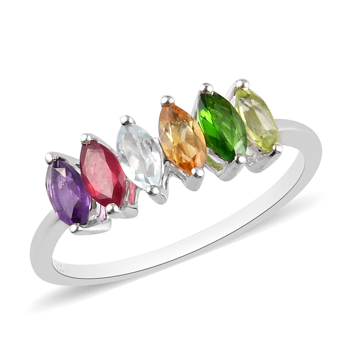 African Ruby, Chrome Diopside and Multi Gemstone 6-Stone Ring in Platinum Overlay Sterling Silver