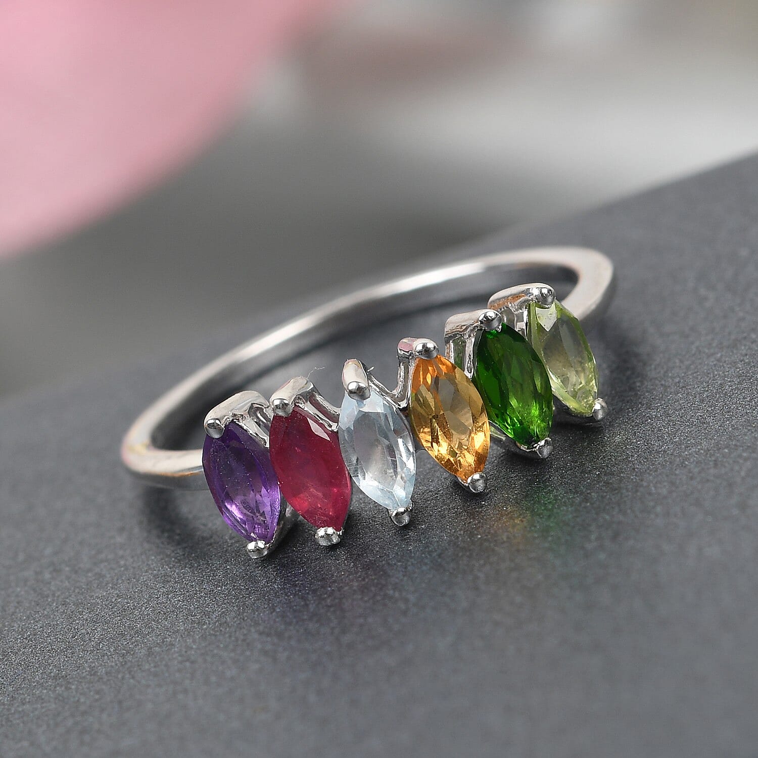 African Ruby, Chrome Diopside and Multi Gemstone 6-Stone Ring in Platinum Overlay Sterling Silver