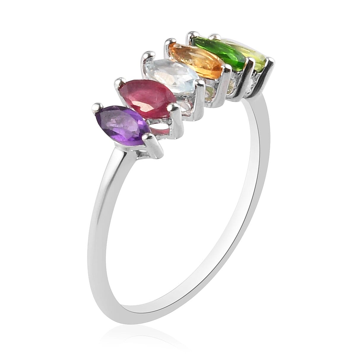 African Ruby, Chrome Diopside and Multi Gemstone 6-Stone Ring in Platinum Overlay Sterling Silver