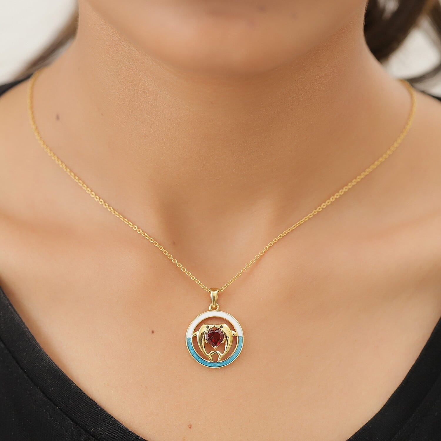 Mozambique Garnet Enamelled Dolphin Pendant in 14K Gold Overlay Sterling Silver