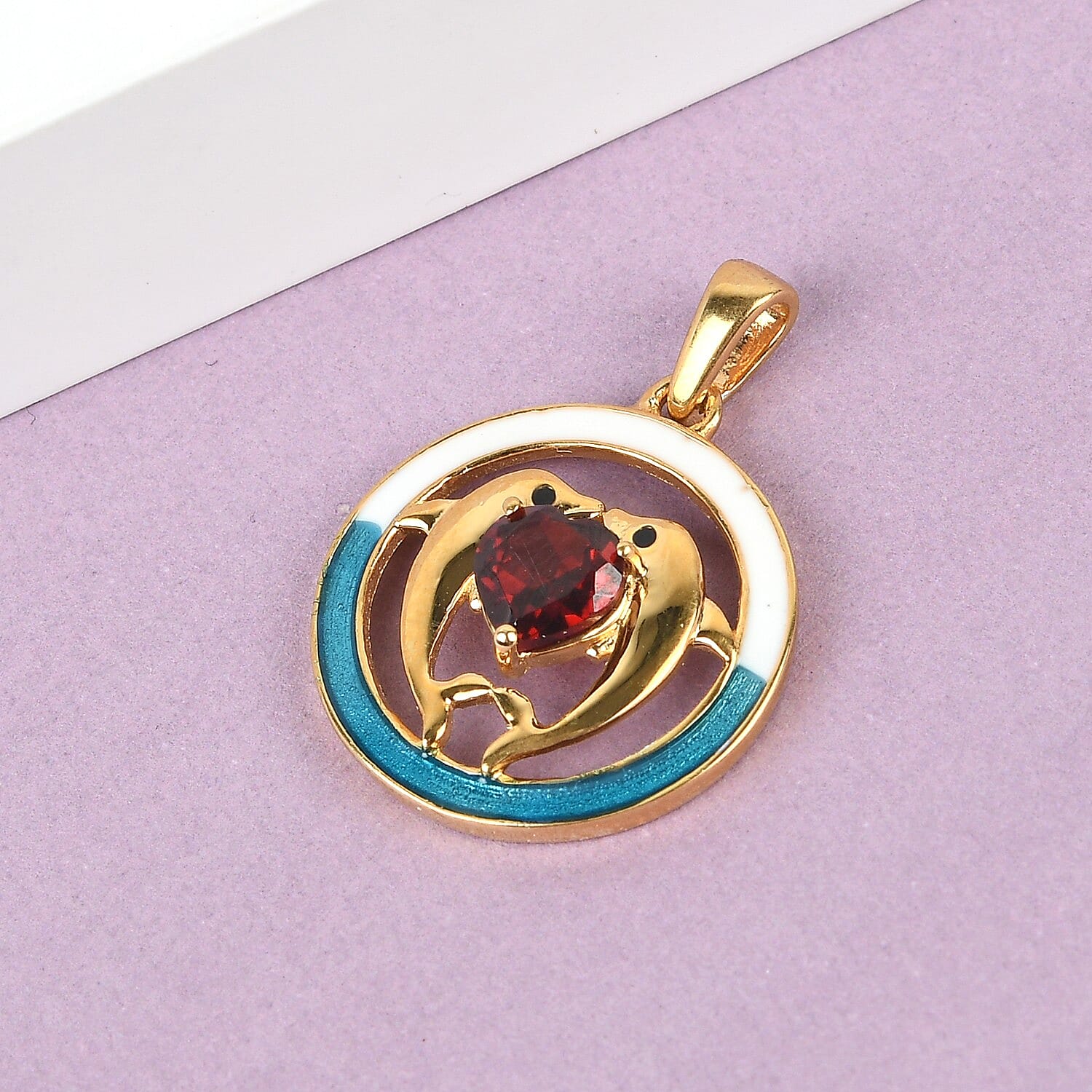 Mozambique Garnet Enamelled Dolphin Pendant in 14K Gold Overlay Sterling Silver