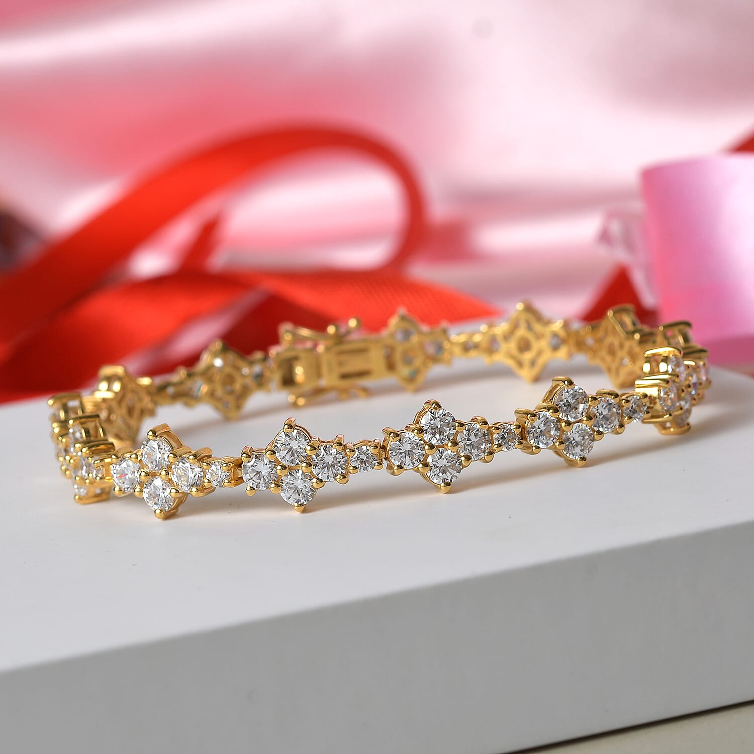 Lustro Stella 14K Gold Overlay Sterling Silver Bracelet (Size 7.5) Made with Finest CZ 11.96 Ct, Silver wt 13.98 Gms