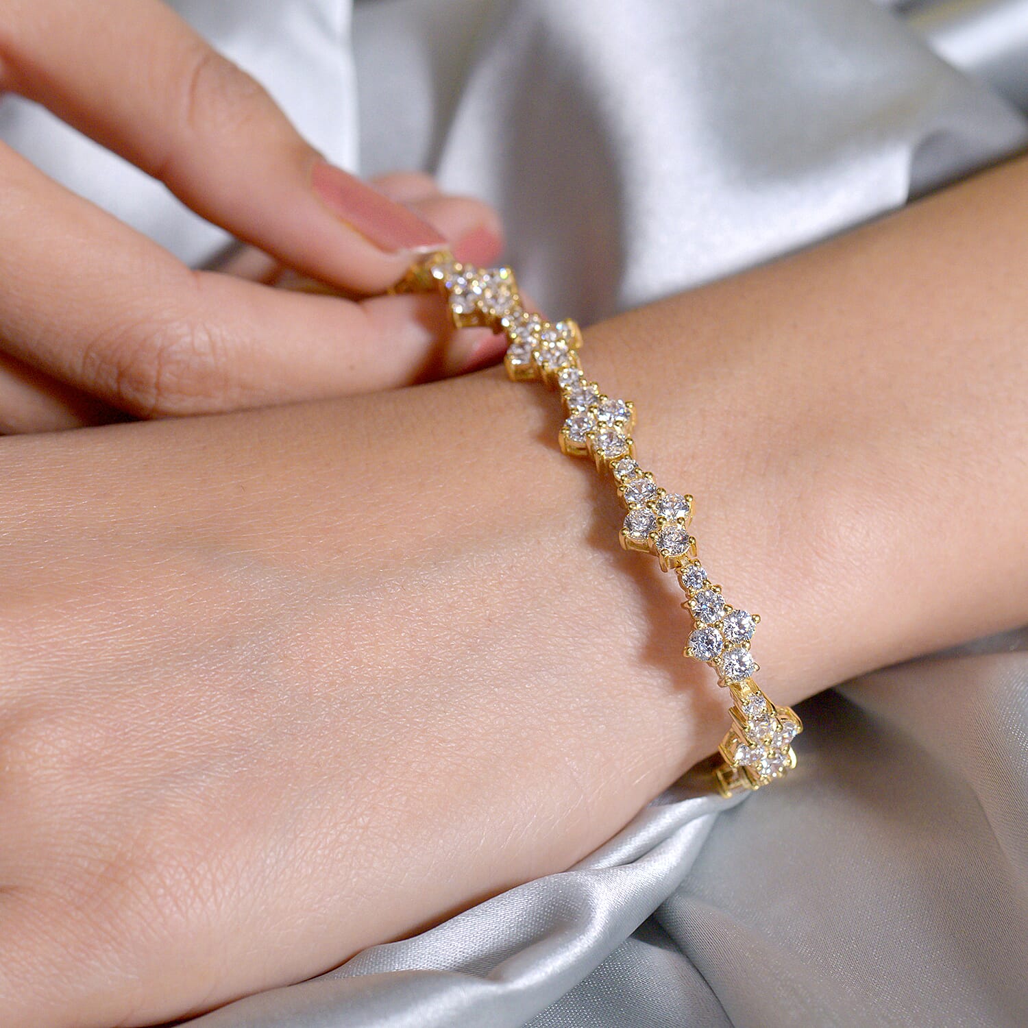 Lustro Stella 14K Gold Overlay Sterling Silver Bracelet (Size 7.5) Made with Finest CZ 11.96 Ct, Silver wt 13.98 Gms