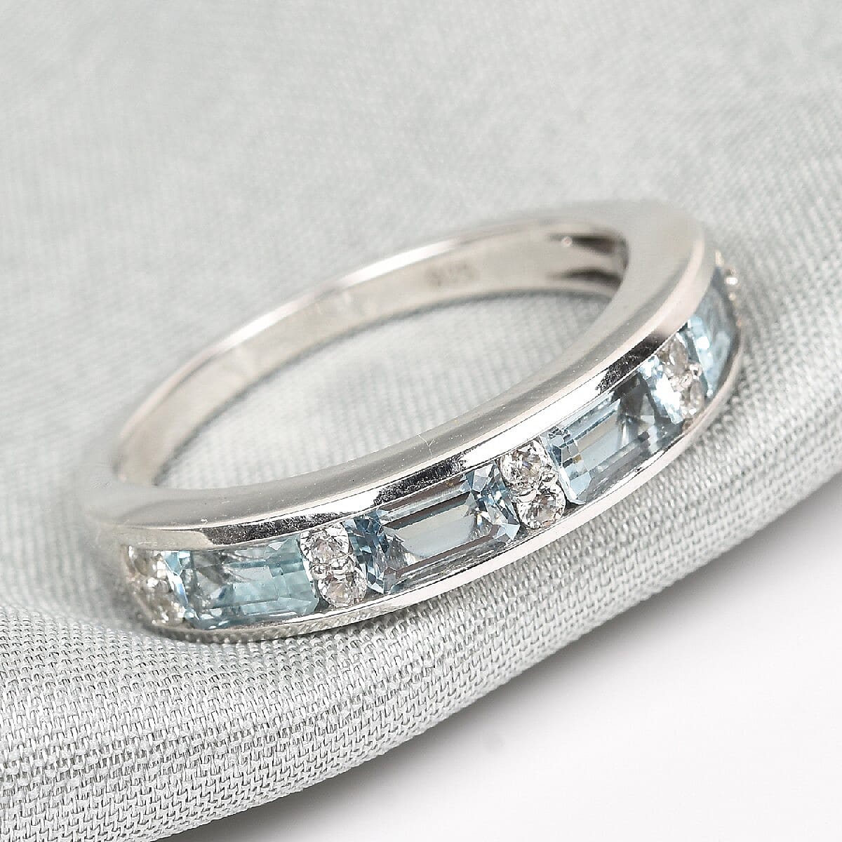AA Santa Teresa Aquamarine and Natural Cambodian Zircon Band Ring in Platinum Overlay Sterling Silver 1.04 Ct.