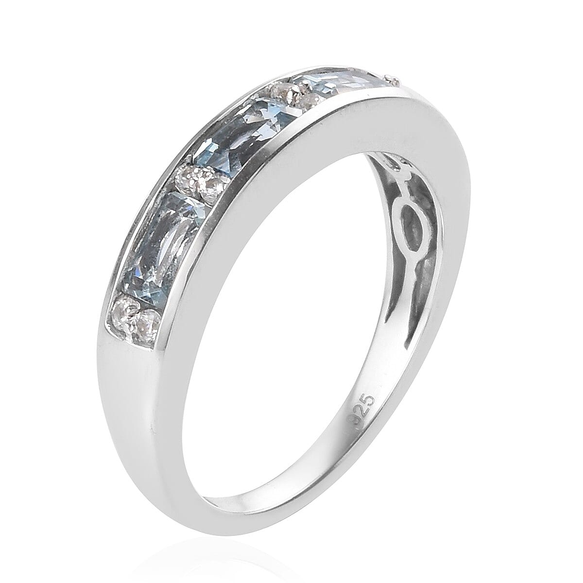 AA Santa Teresa Aquamarine and Natural Cambodian Zircon Band Ring in Platinum Overlay Sterling Silver 1.04 Ct.