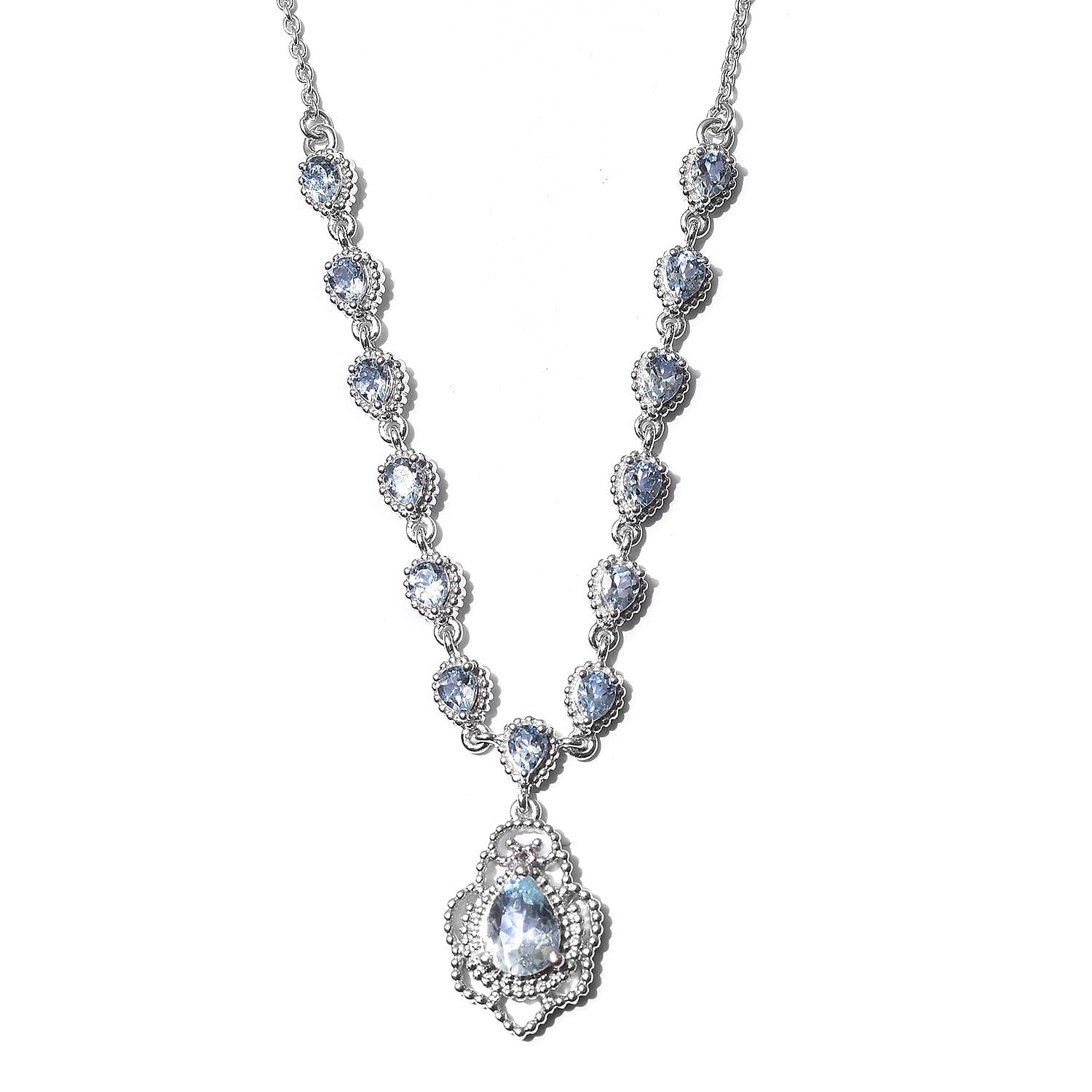 AA Santa Teresa Aquamarine Necklace (Size 18 with 2 inch Extender) in Platinum Overlay Sterling Silver 2.75 Ct